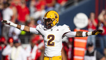 Nov 30, 2024; Tucson, Arizona, USA; Arizona State Sun Devils defensive back Xavion Alford (2) against the Arizona Wildcats during the Territorial Cup at Arizona Stadium. Mandatory Credit: Mark J. Rebilas-Imagn Images