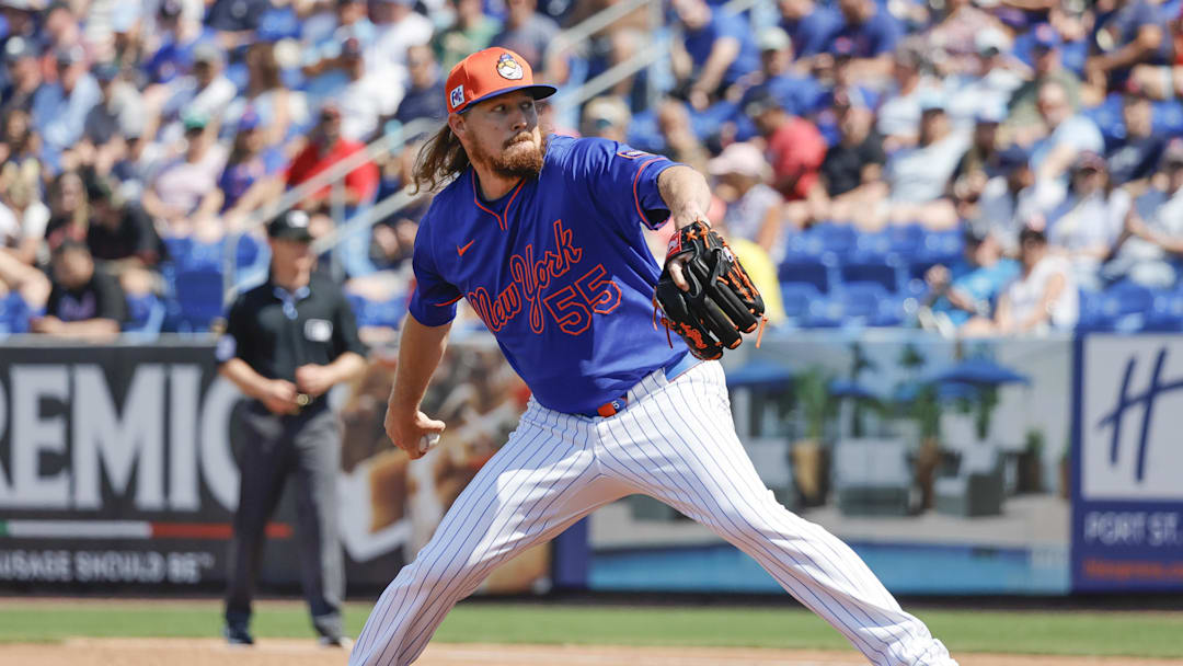 Mar 13, 2025; Port St. Lucie, Florida, USA; New York Mets pitcher Ryne Stanek (55) throws a pitch during sixth inning against the Boston Red Sox at Clover Park. Mandatory Credit: Reinhold Matay-Imagn Images