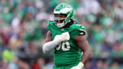Oct 26, 2025; Philadelphia, Pennsylvania, USA; Philadelphia Eagles defensive tackle Jalen Carter (98) reacts in the third quarter against the New York Giants at Lincoln Financial Field. 