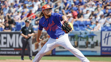 Mar 13, 2025; Port St. Lucie, Florida, USA; New York Mets pitcher Ryne Stanek (55) throws a pitch during sixth inning against the Boston Red Sox at Clover Park. Mandatory Credit: Reinhold Matay-Imagn Images