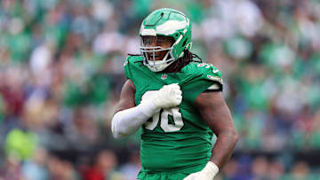Oct 26, 2025; Philadelphia, Pennsylvania, USA; Philadelphia Eagles defensive tackle Jalen Carter (98) reacts in the third quarter against the New York Giants at Lincoln Financial Field. 