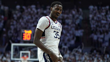 Mar 5, 2025; Storrs, Connecticut, USA; UConn Huskies center Samson Johnson (35) reacts after his basket against the Marquette Golden Eagles in the second half at Harry A. Gampel Pavilion. Mandatory Credit: David Butler II-Imagn Images