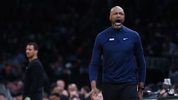 Apr 29, 2025; Boston, Massachusetts, USA; Orlando Magic head coach Jamahl Mosley watches from the sideline as they take on the Boston Celtics during game five of first round for the 2025 NBA Playoffs at TD Garden. Mandatory Credit: David Butler II-Imagn Images