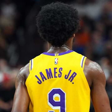 Oct 17, 2024; Phoenix, Arizona, USA; The details of the jersey of Los Angeles Lakers guard Bronny James (9) against the Phoenix Suns during the second half at Footprint Center. Mandatory Credit: Joe Camporeale-Imagn Images