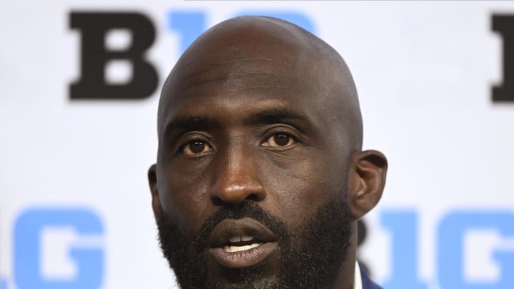 Jul 24, 2024; Indianapolis, IN, USA; UCLA Bruins head coach DeShaun Foster speaks to the media during the Big 10 football media day at Lucas Oil Stadium. Mandatory Credit: Robert Goddin-USA TODAY Sports