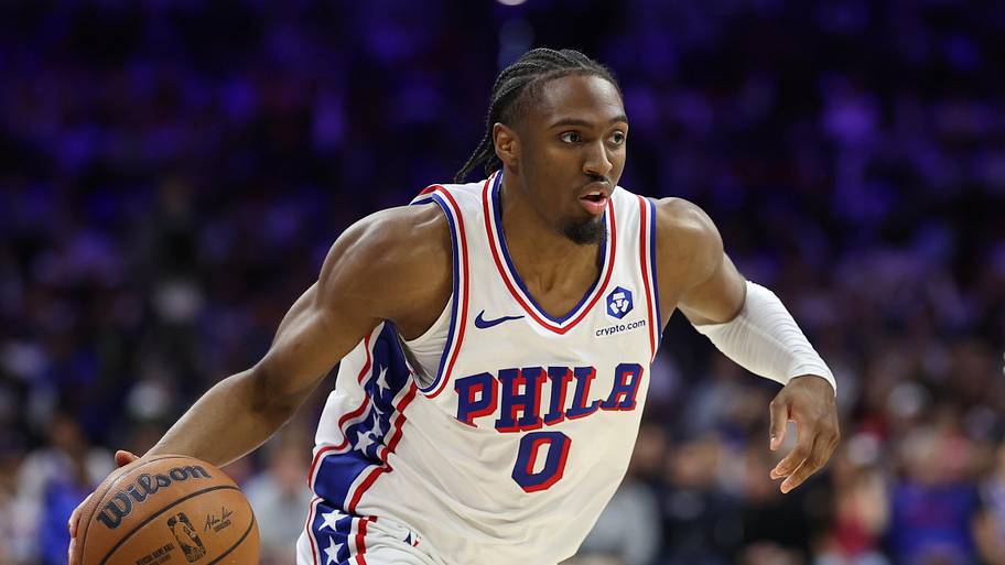 Philadelphia 76ers guard Tyrese Maxey controls the ball against the New York Knicks .