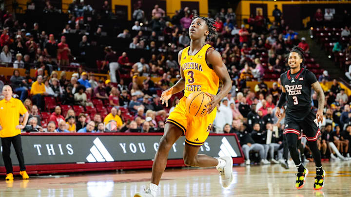 Mar 8, 2025; Tempe, Arizona, USA; St. John's basketball transfer portal addition Joson Sanon (3) breaks away during the second half at Desert Financial Arena.