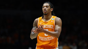 Mar 30, 2025; Indianapolis, IN, USA;Tennessee Volunteers guard Zakai Zeigler (5) reacts against the Houston Cougars in the second half during the Midwest Regional final of the 2025 NCAA tournament at Lucas Oil Stadium. Mandatory Credit: Trevor Ruszkowski-Imagn Images