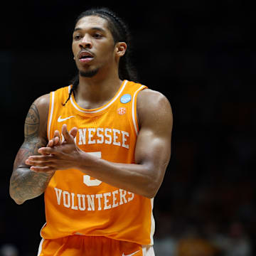 Mar 30, 2025; Indianapolis, IN, USA;Tennessee Volunteers guard Zakai Zeigler (5) reacts against the Houston Cougars in the second half during the Midwest Regional final of the 2025 NCAA tournament at Lucas Oil Stadium. Mandatory Credit: Trevor Ruszkowski-Imagn Images