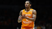 Mar 30, 2025; Indianapolis, IN, USA;Tennessee Volunteers guard Zakai Zeigler (5) reacts against the Houston Cougars in the second half during the Midwest Regional final of the 2025 NCAA tournament at Lucas Oil Stadium. Mandatory Credit: Trevor Ruszkowski-Imagn Images