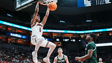 Louisville Cardinals guard Mikel Brown Jr. (0) slams down two points against Eastern Michigan Monday night, Nov. 24, 2025 at the KFC Yum! Center in Louisville, Kentucky.