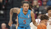 Jan 25, 2025; Stanford, California, USA;  Florida State Seminoles guard Daquan Davis (5) controls the ball during the second half against the Stanford Cardinal at Maples Pavilion. Mandatory Credit: Stan Szeto-Imagn Images