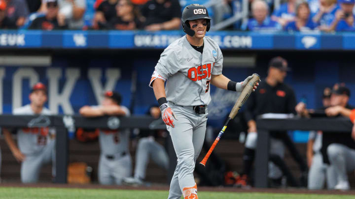 Jun 8, 2024; Lexington, KY, USA; Oregon State Beavers infielder Travis Bazzana (37) reacts to a strike during the third inning against the Kentucky Wildcats at Kentucky Proud Park. Mandatory Credit: Jordan Prather-USA TODAY Sports