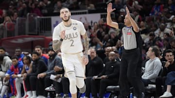 Jan 25, 2025; Chicago, Illinois, USA; Chicago Bulls guard Lonzo Ball (2) gestures after makingg a three point basket against the Philadelphia 76ers during the second half at United Center. Mandatory Credit: David Banks-Imagn Images