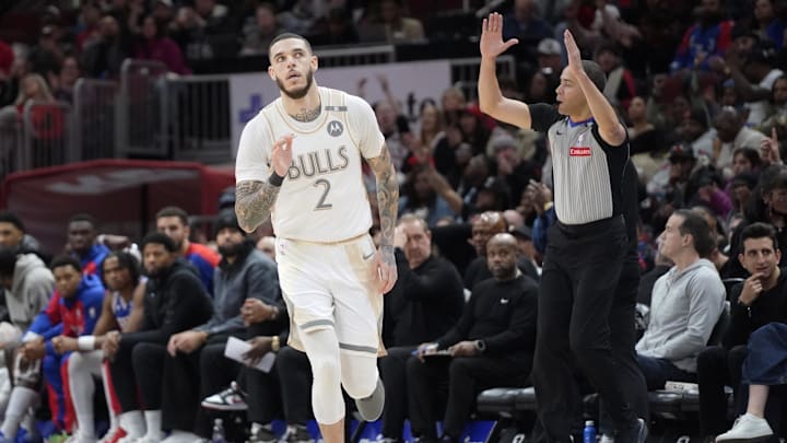 Jan 25, 2025; Chicago, Illinois, USA; Chicago Bulls guard Lonzo Ball (2) gestures after makingg a three point basket against the Philadelphia 76ers during the second half at United Center. Mandatory Credit: David Banks-Imagn Images