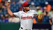 Jul 6, 2025; Cleveland, Ohio, USA; Cleveland Guardians relief pitcher Cade Smith (36) throws a pitch during the tenth inning against the Detroit Tigers at Progressive Field. Mandatory Credit: Ken Blaze-Imagn Images