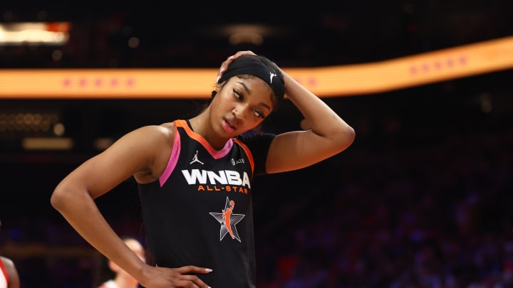 Jul 20, 2024; Phoenix, AZ, USA; Chicago Sky player Angel Reese reacts during the WNBA All Star Game at Footprint Center. Mandatory Credit: Mark J. Rebilas-USA TODAY Sports