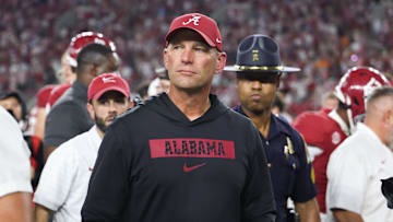 Oct 18, 2025; Tuscaloosa, Alabama, USA; Alabama Crimson Tide head coach Kalen DeBoer looks on after the game against the Tennessee Volunteers at Saban Field at Bryant-Denny Stadium. Mandatory Credit: David Leong-Imagn Images