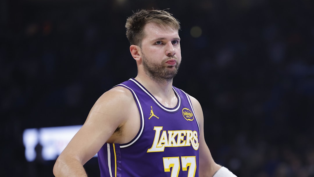 Nov 12, 2025; Oklahoma City, Oklahoma, USA; Los Angeles Lakers guard Luka Doncic reacts to a fan during the second quarter of a game against the Oklahoma City Thunder at Paycom Center. Mandatory Credit: Alonzo Adams-Imagn Images
