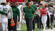 Oct 19, 2024; Lubbock, Texas, USA;  Baylor Bears head coach Dave Aranda on the sidelines in the second half against the Texas Tech Red Raiders at Jones AT&T Stadium and Cody Campbell Field. Mandatory Credit: Michael C. Johnson-Imagn Images