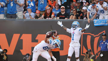 Oct 5, 2025; Cincinnati, Ohio, USA; Detroit Lions tight end Sam Laporta (87) and wide receiver Jameson Williams (1) react after a touchdown during the first quarter against the Cincinnati Bengals at Paycor Stadium. Mandatory Credit: Joseph Maiorana-Imagn Images