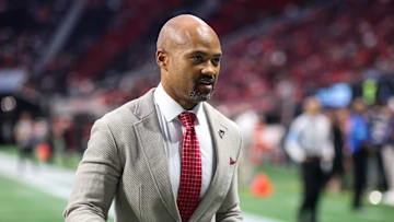Sep 29, 2024; Atlanta, Georgia, USA; Atlanta Falcons general manager Terry Fontenot on the field before a game against the New Orleans Saints at Mercedes-Benz Stadium. Mandatory Credit: Brett Davis-Imagn Images