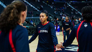Nov 16, 2025; Hartford, Connecticut, USA; UConn Huskies guard Azzi Fudd (35) and teammates warm up before the start of the game against the Ohio State Buckeyes at Peoples Bank Arena. Mandatory Credit: David Butler II-Imagn Images