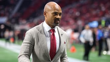 Sep 29, 2024; Atlanta, Georgia, USA; Atlanta Falcons general manager Terry Fontenot on the field before a game against the New Orleans Saints at Mercedes-Benz Stadium.