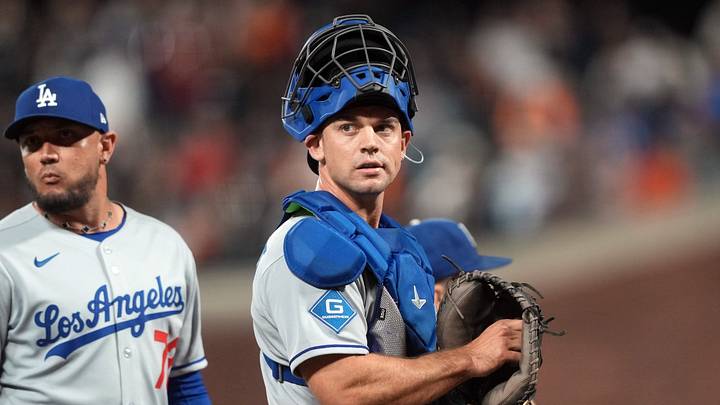 Sep 12, 2025; San Francisco, California, USA; Los Angeles Dodgers catcher Ben Rortvedt (47) during the tenth inning against the San Francisco Giants at Oracle Park. Mandatory Credit: Darren Yamashita-Imagn Images