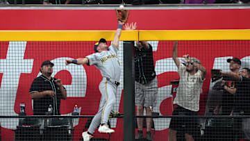 Sep 14, 2024; Phoenix, Arizona, USA; Milwaukee Brewers outfielder Sal Frelick (10) makes a catch for an out against the Arizona Diamondbacks in the first inning at Chase Field. Mandatory Credit: Rick Scuteri-Imagn Images
