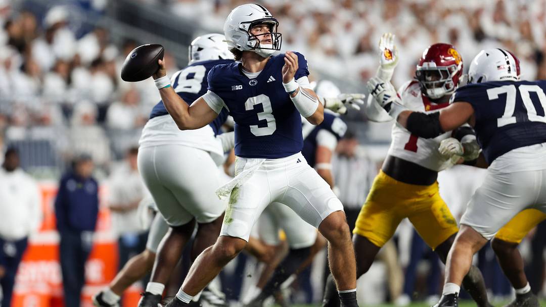 Penn State Nittany Lions quarterback Rocco Becht (3) throws a pass during the third quarter against the USC Trojans at Beaver Stadium. Penn State Nittany Lions quarterback Rocco Becht (3) throws a pass during the third quarter against the USC Trojans at Beaver Stadium.