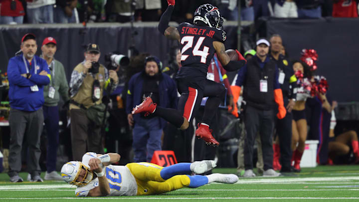Stingley had a pair of interceptions against Justin Herbert, who finished with four picks in the game. Stingley had a pair of interceptions against Justin Herbert, who finished with four picks in the game.