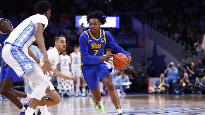 Mar 15, 2024; Washington, D.C., USA; Pittsburgh Panthers guard Carlton Carrington (7) controls the