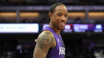 Apr 11, 2025; Sacramento, California, USA; Sacramento Kings forward DeMar DeRozan (10) during the third quarter against the Los Angeles Clippers at Golden 1 Center. Mandatory Credit: Darren Yamashita-Imagn Images