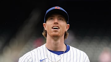 May 28, 2025; New York, New York, USA; New York Mets third baseman Brett Baty (7) looks on before the game against the Chicago White Sox at Citi Field. Mandatory Credit: Lucas Boland-Imagn Images