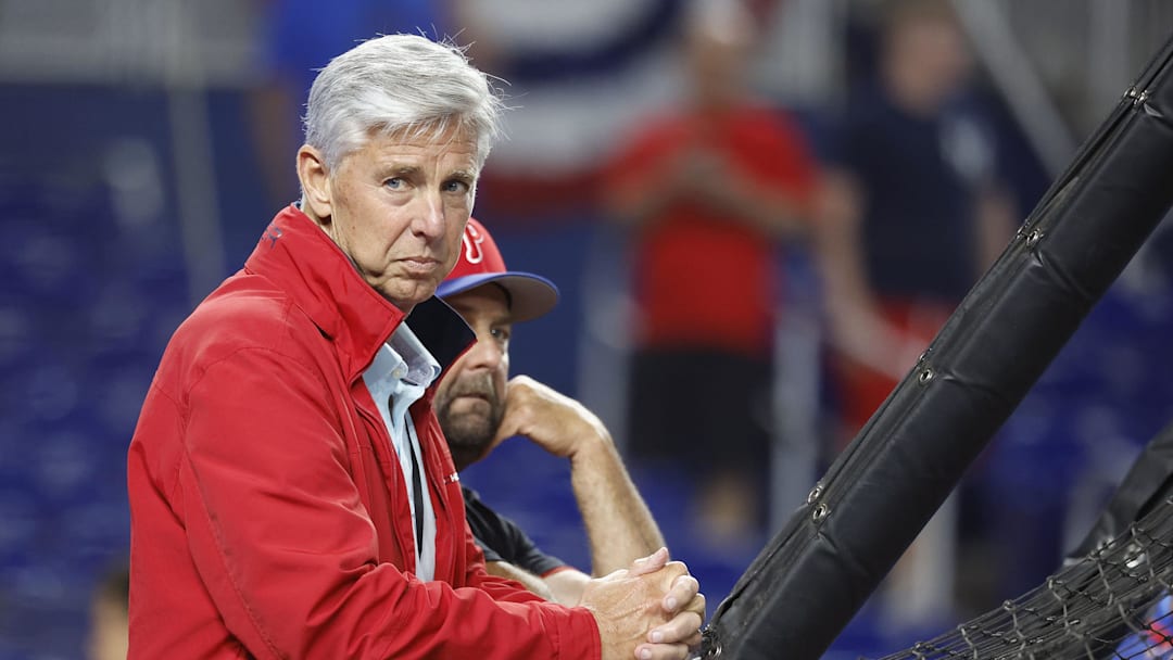 Philadelphia Phillies President of Baseball Operations Dave Dombrowski watches batting practice before the game against the Miami Marlins at loanDepot Park.