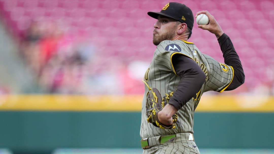 San Diego Padres starting pitcher Joe Musgrove (44) delivers a pitch in the first inning of a baseball game against the Cincinnati Reds, Tuesday, May 21, 2024, at Great American Ball Park in Cincinnati.