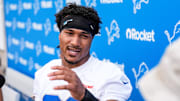 Detroit Lions safety Brian Branch (32) speaks to media members during training camp at Meijer Performance Center in Allen Park.