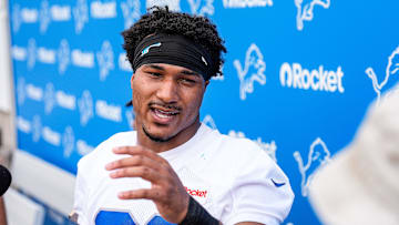 Detroit Lions safety Brian Branch (32) speaks to media members during training camp at Meijer Performance Center in Allen Park on Monday, July 28, 2025.