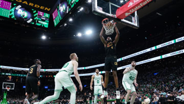 May 9, 2024; Boston, Massachusetts, USA; Cleveland Cavaliers forward Evan Mobley (4) dunks in Game 2 vs. the Boston Celtics.