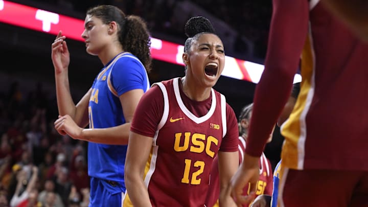 Feb 13, 2025; Los Angeles, California, USA; USC Trojans guard JuJu Watkins (12) reacts after scoring in the fourth quarter against the UCLA Bruins at Galen Center. Mandatory Credit: Robert Hanashiro-Imagn Images Feb 13, 2025; Los Angeles, California, USA; USC Trojans guard JuJu Watkins (12) reacts after scoring in the fourth quarter against the UCLA Bruins at Galen Center. Mandatory Credit: Robert Hanashiro-Imagn Images