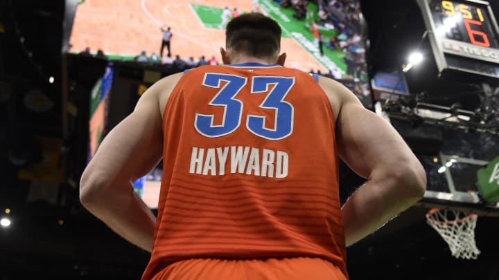 Apr 3, 2024; Boston, Massachusetts, USA; Oklahoma City Thunder forward Gordon Hayward (33) gets set to inbound the ball during the first half against the Boston Celtics at TD Garden. Mandatory Credit: Bob DeChiara-USA TODAY Sports