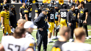 Apr 26, 2025; Iowa City, IA, USA; Iowa assistant defensive line coach Jay Niemann looks on during a spring NCAA football open practice at Kinnick Stadium. Mandatory Credit: Joseph Cress/For the Register