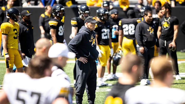 Apr 26, 2025; Iowa City, IA, USA; Iowa assistant defensive line coach Jay Niemann looks on during a spring NCAA football open practice at Kinnick Stadium. Mandatory Credit: Joseph Cress/For the Register