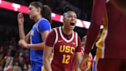 Feb 13, 2025; Los Angeles, California, USA; USC Trojans guard JuJu Watkins (12) reacts after scoring in the fourth quarter against the UCLA Bruins at Galen Center.