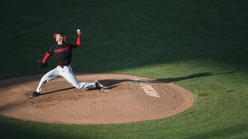 Jun 23, 2021; Omaha, Nebraska, USA; Stanford Cardinal pitcher Quinn Mathews (26) pitches against the Vanderbilt Commodores in the third inning at TD Ameritrade Park. Mandatory Credit: Steven Branscombe-USA TODAY Sports