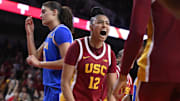 Feb 13, 2025; Los Angeles, California, USA; USC Trojans guard JuJu Watkins (12) reacts after scoring in the fourth quarter against the UCLA Bruins at Galen Center. Mandatory Credit: Robert Hanashiro-Imagn Images