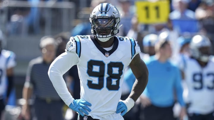 Oct 23, 2022; Charlotte, North Carolina, USA; Carolina Panthers defensive end Marquis Haynes Sr. (98) during the first quarter against the Tampa Bay Buccaneers at Bank of America Stadium. Mandatory Credit: Jim Dedmon-USA TODAY Sports