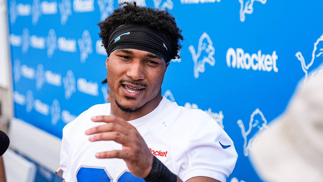 Detroit Lions safety Brian Branch (32) speaks to media members during training camp at Meijer Performance Center in Allen Park on Monday, July 28, 2025.