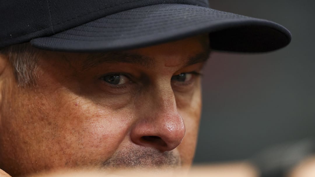 Apr 11, 2026; St. Petersburg, Florida, USA; New York Yankees manager Aaron Boone (17) looks on against the Tampa Bay Rays in the fourth inning at Tropicana Field. Mandatory Credit: Nathan Ray Seebeck-Imagn Images